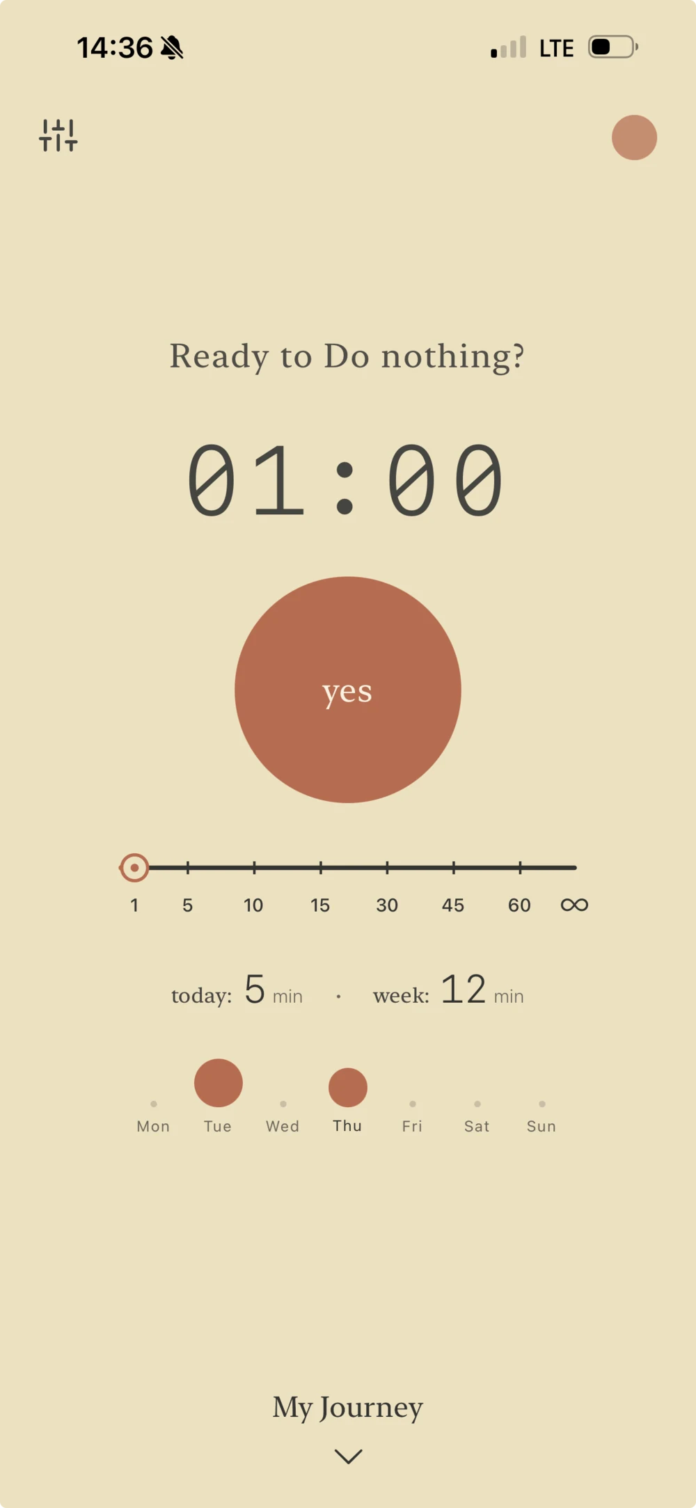 Nothing home screen — Ready to Do nothing? with a 01:00 timer and a yes button