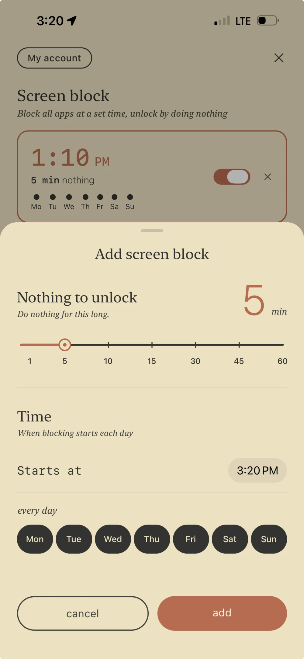 Nothing — schedule a screen block: block all apps at a set time, unlock by doing nothing